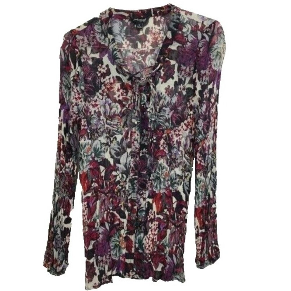 Lucky Brand Womens Floral Top Small Purple Crinkle Lace Up Long Sleeve BOHO‎